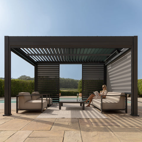 Maze Eden Pergola Aluminium Square 40x40/ Louvre Wall 4m / 3x Blinds - Complete Kit