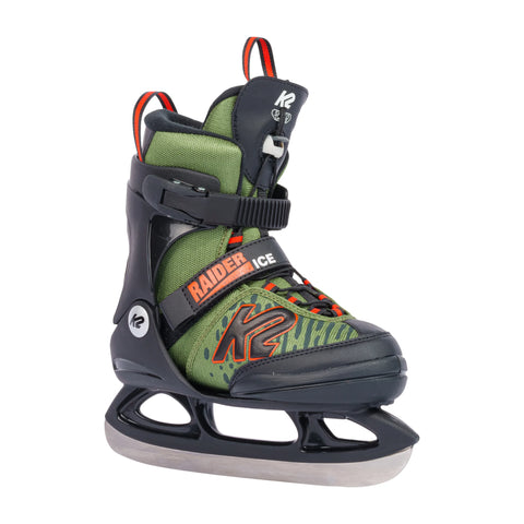 K2 Raider Kids' Ice Skates 2027 in Green / Orange – three-quarter view