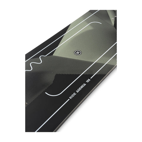 Ride Agenda Snowboard 2027 – top sheet detail, angled view