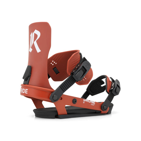 Ride Drone Snowboard Bindings 2027 in Red – three-quarter view