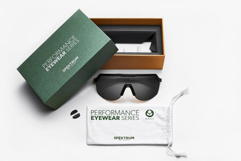 Spektrum Blank box identifying what comes with your purchase.  Sunglasses, Microfibre soft case, two pairs rubber nose temples in clean sustainable packaging.